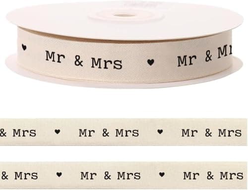 CHMOART 10 Yards Mr Mrs Heart Cotton Ribbon for Crafting Sewing, 3/5 Inch Natural Twill Tape Ribbons for Gift Wrapping, Wedding Valentines Ribbons for Hair Bow Accessories