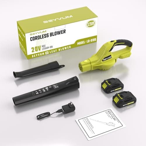 SEYVUM Leaf Blower, 20V Cordless Leaf Blower with 2 Pcs Li-ion Battery, Electric Leaf Blower for Lawn Care, 320CFM 150MPH Battery Powered Leaf Blower, for Patio, Garden Cleaning, Fast Charger Included 8