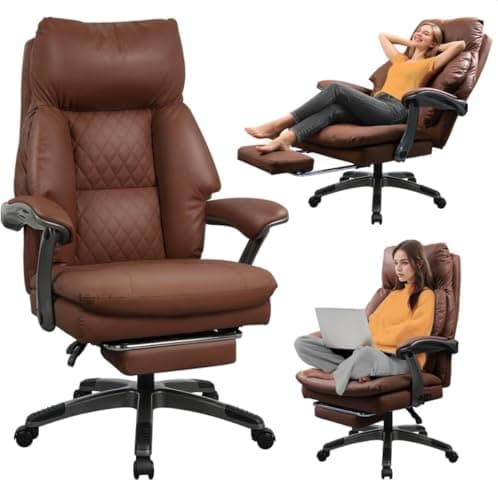 lanoke Leather Office Chair with Footrest, Reclining Desk Massage Chair with 3-Speed Cooling Seat (Ventilation) & Heated Lumbar, Big & Tall 400 lbs, Light Coffee
