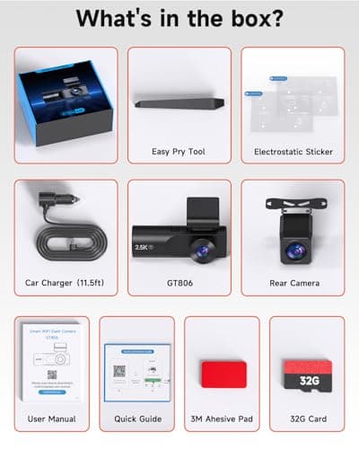 Dash Cam Front and Rear, 2.5K+1080P+1080P 3 Channel Dash Cam with 32GB Card, Wi-Fi Dash Camera for Cars, G-Sensor, Night Vision, 24H Parking, Loop Recording Dashcam, 1.97”IPS, Support 256GB 8