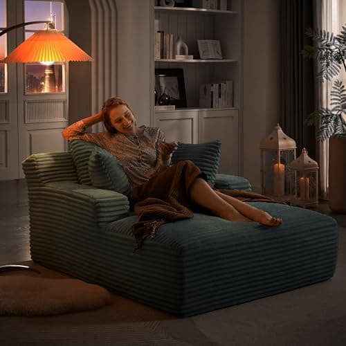 49.2" Full Foam Oversized Chaise Lounge Chair Cozy Cloud Couch, Modern Plush Corduroy Upholstered Sleeper Sofa Daybed with 3 Throw Pillows and Wide Armrest for Living Room, No Assembly Required 7