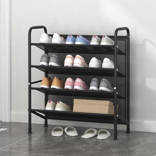 FKUO 4 Tier Shoe rack for closet Mesh fabric narrow Metal shoe racks, Space saving Small Shoe Storage Organizer Shelf for Entryway, Hallway, Dorm Room (Black, 4-Tier) 5