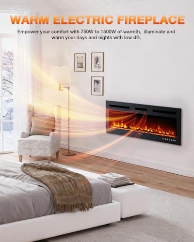 VISVEIL Electric Fireplace 60Inch,Wall Mounted Electric Fireplace Heater with Timer Inserts，TV Stand Touch Screen and Realistic Flame,Log Set,Crystal Flames 750 to 1500W，Remote for Living Room 2