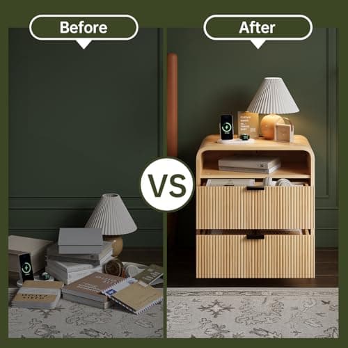 FURSUN 24" Fluted Nightstand with Charging Station, Wooden End Table with 2 Drawers Storage, Curved Profile Design, Modern Bedside Cabinet for Bedroom, Natural Oak 5