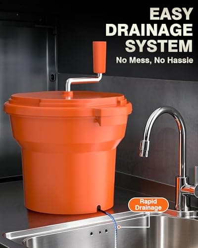 PYY Commercial Salad Spinner - 2.5 Gallon Salad Dryer Large Salad Spinner w/Aluminum Handle & Draining Hose, 10Qt Manual Salad Spinner for up to 3 Heads of Lettuce Spinner Large for Catering Kitchen 5
