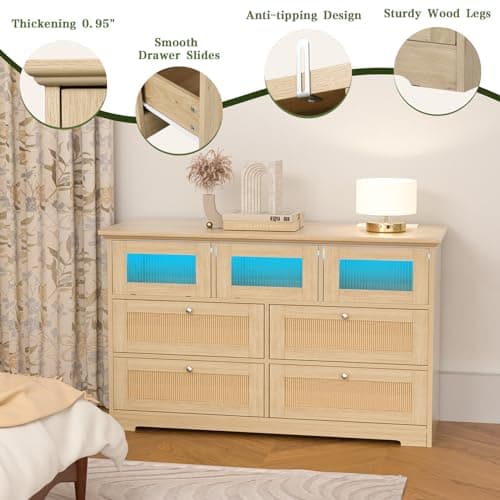 Yeyawomy Dresser for Bedroom, 7 Drawers Rattan Dresser with LED Light and Charging Station,Dressers & Chests of Drawers,Wooden Long Dresser for Bedroom and Living Room 7