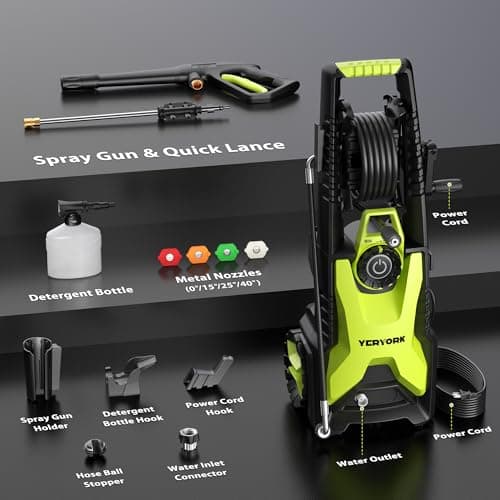 YERYORK Pressure Washer, Adjustable PSI 2.5 Max GPM, Power Washer with 33 FT Hose Reel, Steel Wand, 500ml Foam Cannon, 4-Nozzle Set, Electric Pressure Washer for Cars, Fences, Patios 9