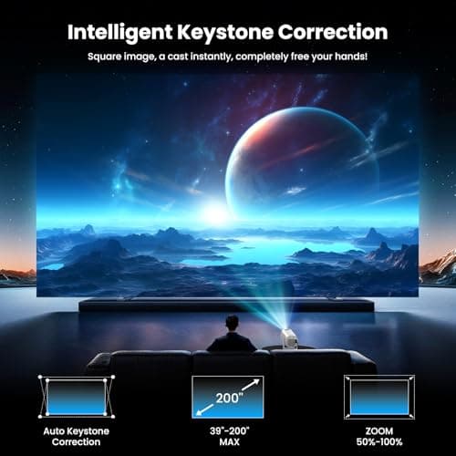 [Built-in Apps & Smart OS] Smart Projector with WiFi and Bluetooth, 1080P FHD 4K Support, Projector with Auto Keystone, Stereo Speaker, Compatible with HDMI/TV Stick/USB, Portable Projector, White 5