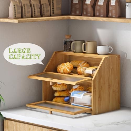BMOSU Large Bread Box for Kitchen Countertop,Double Layer Bread Box for Kitchen Counter,Bamboo Wood Bread box Capacity Bin Storage(Natural) 6