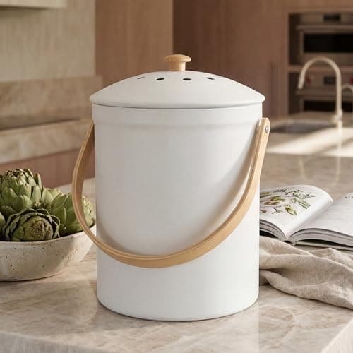 Beautiful Kitchen Compost Bin with Smell Proof Lid - Rust Proof and Odorless Compost Bucket for Your Countertop with No Smell Filters - Easy to Clean 1.1 Gallon Bin Looks Great On Any Kitchen Counter