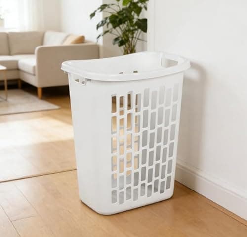 Slim Rectangular Laundry Hamper, Open Top Plastic Basket for Small Spaces, Modern style, sturdy and durable, White