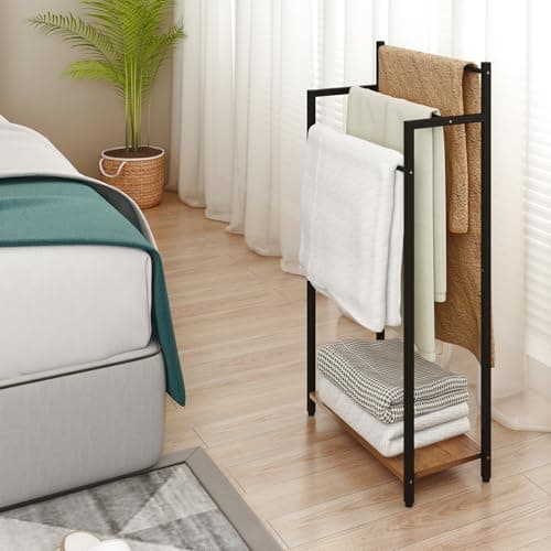 yeavs Freestanding Towel Rack, 3 Tier Blanket Ladder Stand with Rustic Brown Wooden Shelf for Bathroom Living Room (31.5”H x 16.9”W x7.9”D) 5