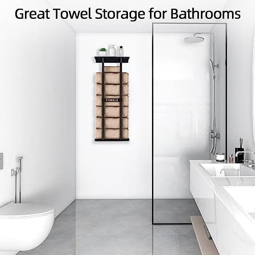 STWWO Towel Racks for Bathroom, Bathroom Towel Storage Wall Mounted 30 inch with Shelf Can Holds 6 Large Towels, Wall Towel Rack for Rolled Towels, Black 7