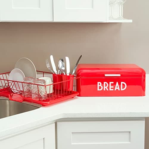Home Basics Grove Bread Box For Kitchen Counter Dry Food Storage Container, Bread Bin, Store Bread Loaf, Dinner Rolls, Pastries, Baked Goods & More, Retro Vintage Design, Red 6