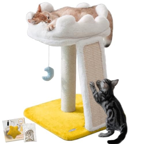 Happi N Pets New Cloud Cat Tree Tower, Cat Scratching Post with Bed, Small Cat Tree, Compact Cat Tower with Scratching Pad & Cloud Soft Perch & Cute Toys, Extra Toy, Bonus Catnip
