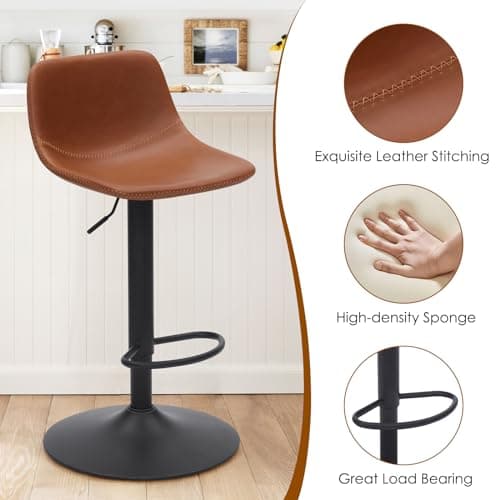 Adjustable Bar Stools Set of 2, Mid Century Modern Swivel Bar Stools, Industrial Bar Height Stools With Back Support Counter Height Bar Chairs Pu Leather Bar Stool for Kitchen Island Rustic Barstools 6