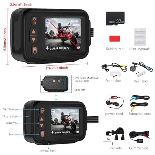 CAMECHO Dash Cam Front and Rear, IP65 Waterpoorf Dual Dash Camera for Motorsports, Motorcycles, UTV, ATV & Golf Carts, 2" HD Dashcam with G-Sensor, Loop Recording, 32GB TF Card, Driving Recorder 7