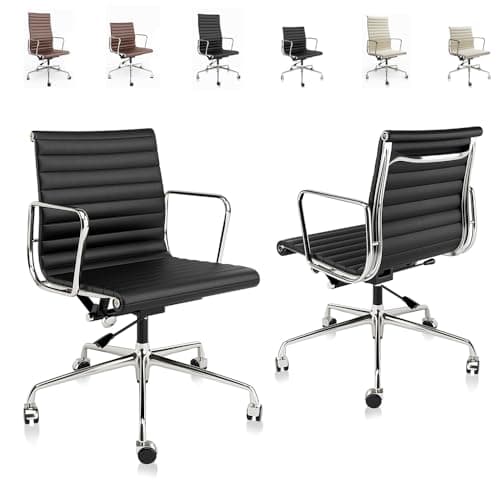 Ribbed Office Chair Black Genuine Leather Office Chair Mid Back Swivel Chairs Ergonomic Computer Desk Chairs with Aluminum Alloy Frame and Silent Wheels