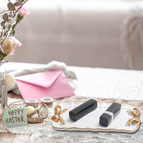 Warmtree Vintage Jewelry Organizer, Decorative Tray for Jewelry, Towel, Storage, Rings, Bracelets, Earrings, Cosmetics, Retro Design, Bow Decor Resin Plate Coquette for Room Decor, White 6