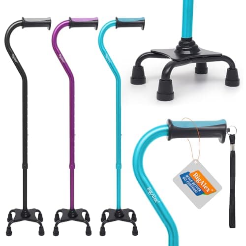 BigAlex Quad Cane Adjustable Walking Cane Flexible Lightweight Comfortable Foam Padding Handle with 4-Pronged feet for Extra Stability Small Quad Base for Men Women and Seniors