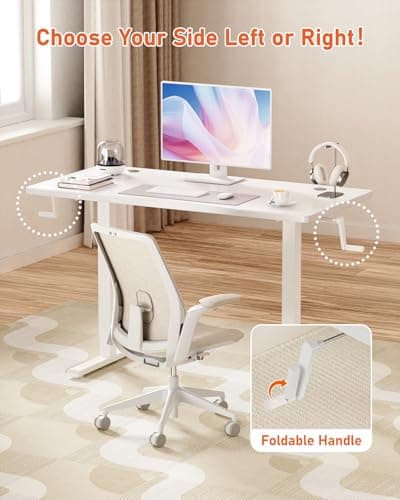 Flycity Manual Standing Desk Adjustable Height, 43" x 24" Hand Crank Stand Up Desk, Sit Stand Home Office Desk, Small Computer Desk with 2 Cable Holes, White Wooden Top/White Carbon Steel Frame 7