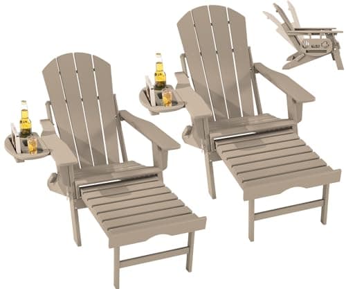 FOOWIN Folding Adjustable Adirondack Chair with Retractable Ottoman Set of 2, HDPE Adirondack Chair w/4 in 1 Cup Holder Trays,All-Weather Resistant Fire Pit Chair for Outdoor Patio Lawn, Brown