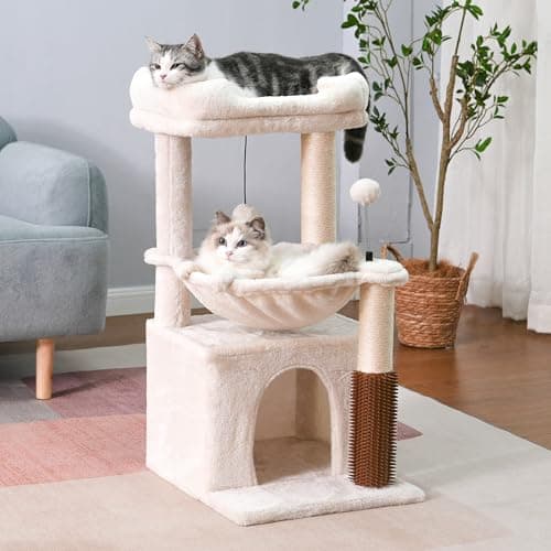 Pawfessor Cat Tree 32 Inches Small Cat Tree for Large Cats Adult Cat Tower with Scratching Post,15.7”Large Hammock and Self Groomer, and Removable Top Perch and Wide Condo for Indoor Cats-Beige 7