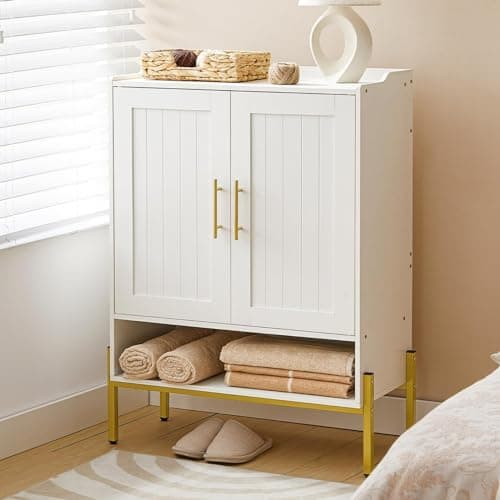 HOOBRO Shoe Cabinet, 5-Tier Shoe Storage Organizer with Doors, Wooden Shoe Cabinet Storage for Entryway, Freestanding Shoe Rack Cabinet with 3 Adjustable Shelves for Hallway, Gold and White DW41SC01