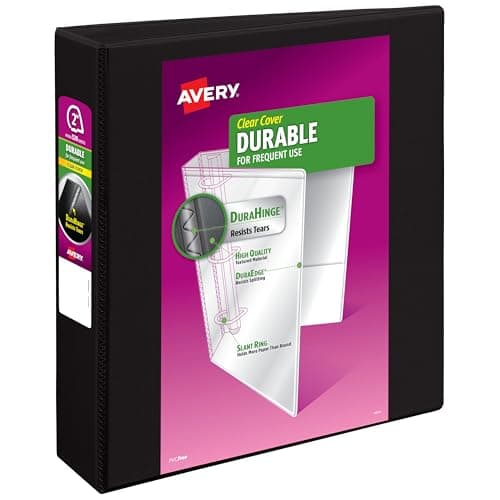Avery Durable View 3 Ring Binder, 2 Inch Slant Rings, 530-Sheet Capacity, DuraHinge, 2.8 Inch Wide Spine, Customizable Clear Cover and Spine, 1 Black Binder (17031)