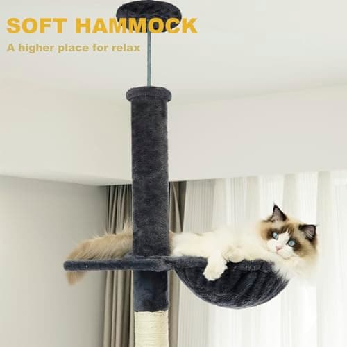 NEGTTE Cat Tree Floor to Ceiling Cat Tower with Adjustable Height, Cat Climbing Activity Center with Cozy Condo& Hammock, Platforms and Dangling Balls for Indoor Cats (Dark Gray,007) 6