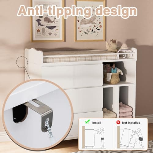 HPWLYO Nursery Dresser with Changing Table Top, Tall Changing Table Dresser of Bedroom, Wooden Dressers & Chests of Drawers, 4 Drawers with 2 Open Shelves, White 6