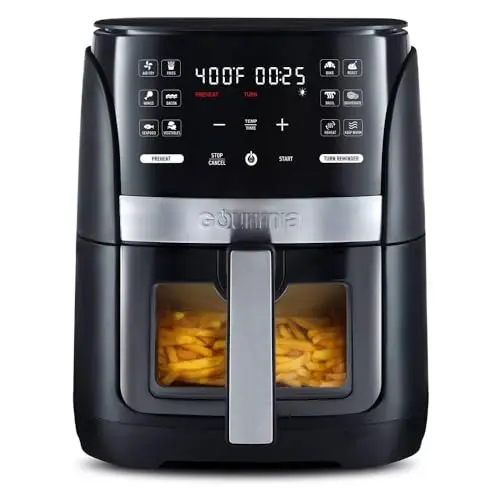 Gourmias 6-Qt Digital Window Air Fryer, 12 Presets, Guided Cooking, Touch Control, Stainless Steel, Nonstick Basket, Oil-Free Frying, 1500W, Auto Shutoff, Dehydrator Function, Family Size,