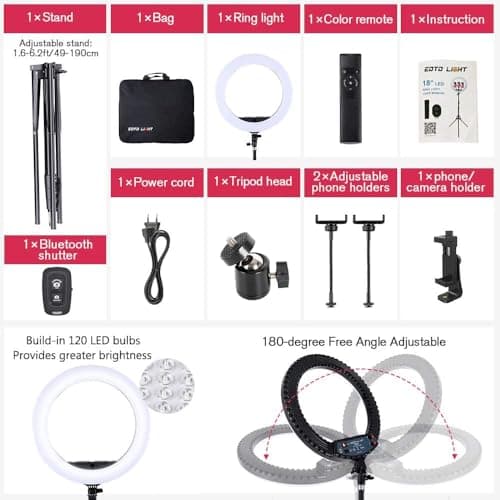 18 inch LED Ring Light with Tripod Stand Dimmable Makeup Selfie Ring Light for Studio Portrait YouTube Vlog Video Shooting with Carrying Bag and Remote Controller, CRI 90 5
