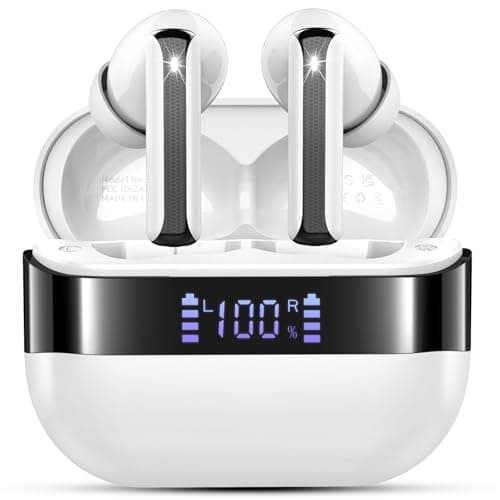 Wireless Earbuds, 2025 Bluetooth 5.4 Headphones Bass Stereo, Ear Buds with 4 Mics ENC Noise Cancelling, Bluetooth Earbuds 48H Playtime LED Display Charging Case, IP7 Waterproof in Ear Earphones white
