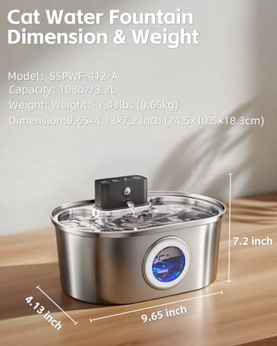 Cat Water Fountain Wireless - Stainless Steel 3.2L/108oz Cordless Pet Fountain - Battery Operated Automatic Water Dispenser for Cats Indoor, with Motion Sensor & Quiet Pump 9
