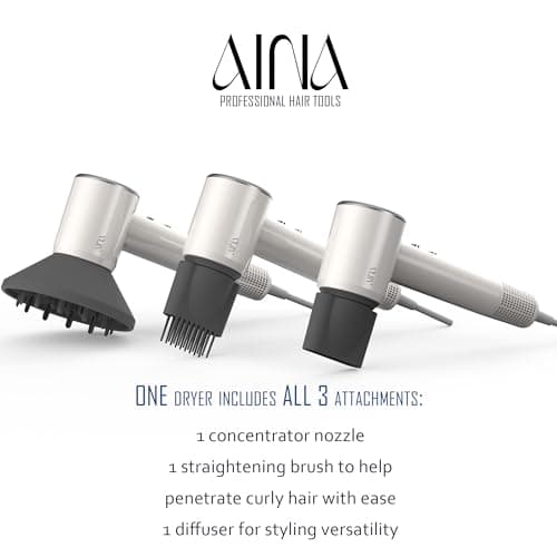 AINA Hair Dryer,Blow Dryer with Diffuser Brush Comb for Women - BLDC Hair Dryer - Brushless Motor, 110,000 RPM Lightweight,Ionic Travel, 3 Magnetic Attachments 110V/ALCI(Ivory White) 2