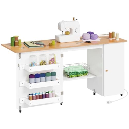 DWVO Large Folding Sewing Table with Charging Station, Multipurpose Craft Table with Compact Design, Sewing Cabinet with Lockable Casters, Storage Shelves, Magnetic Doors, White 9