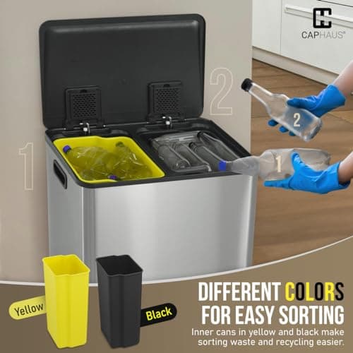 CAPHAUS Dual Trash Can with Lid, Trash and Recycling Bins Combo for Kitchen, Hands-Free Stainless-Steel Garbage Can with 2 Compartment, Hinged Lid, Odor Filter, Handles, 25L+25L, 2 x 6.6 Gallon 6