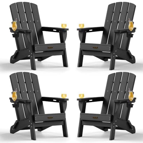 SUUNYN Folding Adirondack Chair 4 Pack, HDPE All-Weather Fire Pit Chairs, Plastic Adirondack Chairs with 2 Cup Holder, Outdoor Lawn Chair for Patio Garden (Black)