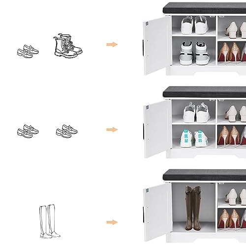 HOMSHO 2-Tier Storage Bench, 27.6" Wide Shoe Bench with Padded Seat Cushion, Entryway Bench with 2 Barn Doors and Adjustable Shelf, White 5