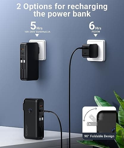 QiSa Portable Charger, Power Bank, 16000mAh Power Bank Built-in AC Wall Plug and Cables, PD 30W and QC4.0 Fast Charger for iPhone and Android Phones and Most Electronic Devices (Black) 7