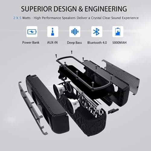 ABFOCE Solar Bluetooth Speaker 60 Hours Play Time 5000mAh Power Bank Outdoor Portable Wireless Dual Speaker with Mic Stereo Sound Bass, for Home, Hiking, Travel, Riding, Beach, Camping-Black 7