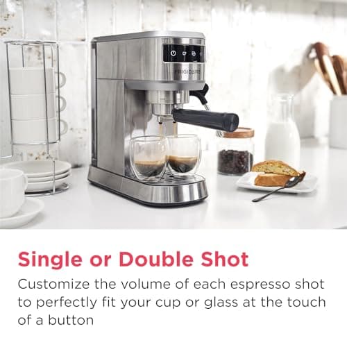 Frigidaire Steam Espresso Maker, Coffee Machine with Milk Frother & Cup Warmer, 20 Bar Pressure, 34 oz Removable Water Tank, Single or Double Shot, Stainless Steel 10