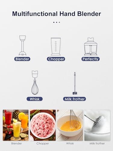 5-in-1 Hand Immersion Blender, 1000W Handheld, Copper Motor Stainless Steel Blade Stick, Mixing Beaker, Food Processor, Whisk, Milk Frother for Smoothies Puree Baby Food (Black) 6