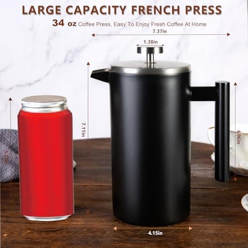 SZHETEFU 34 OZ Large French Press, Premium Stainless Steel Sturdy Insulated French Press Coffee Maker, 4-8 Cups French Coffee Press, Tea Presses for Home Kitchen Caming Loose Tea, Elegant Black 9