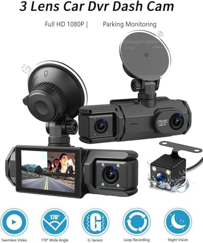 3 Lens Dash Cam Full HD 1080P Car DVR Blackbox Car Dash Camera with G-Sensor, Loop Recording and Motion Detection 2