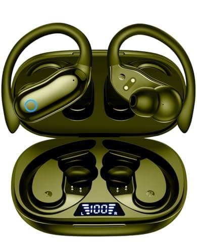 GNMN Active Noise Cancelling Ear Buds Wireless Earbuds 96hrs Playback Bluetooth Headphones Dual Battery Display Stereo Bass Earphones with Earhooks Microphone IPX7 Waterproof for Sports/Workout