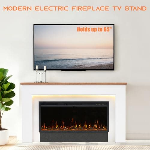 Weyderk 62" Electric Fireplace with Mantel, Fireplace TV Stand with 42" Insert for Livingroom/Bedroom, 12 Realistic 3D Flame Effects & 15 LED Colors, Remote Control, 750/1500W Heats, Timer, White 5