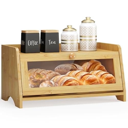 JANSNIMEN Bread Box for Kitchen Countertop, Large Bread Container Storage, Wooden Farmhouse Bread Box with Window Bread Holder (Natural Bamboo)