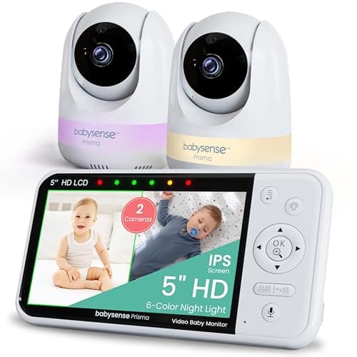 Babysense Prisma Baby Monitor with Camera and Audio, 5” HD Video Baby Monitor with 2 Cameras, 6-Color Night Light, Split Screen, Sound Machine with White Noise & Lullabies, Secure No WiFi